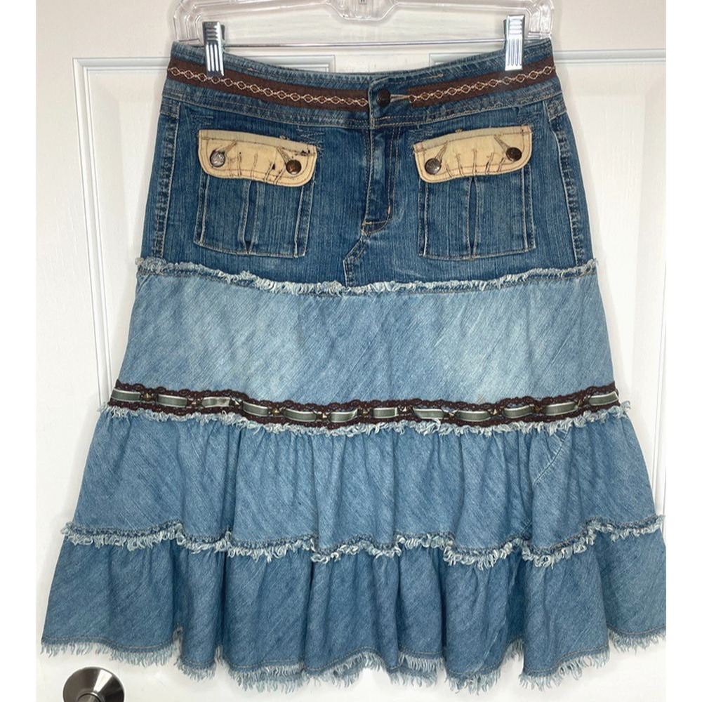 Vintage Y2K Candies Midi Tiered Denim Skirt Sz 7 Crochet Cowgirl Boho Peasant